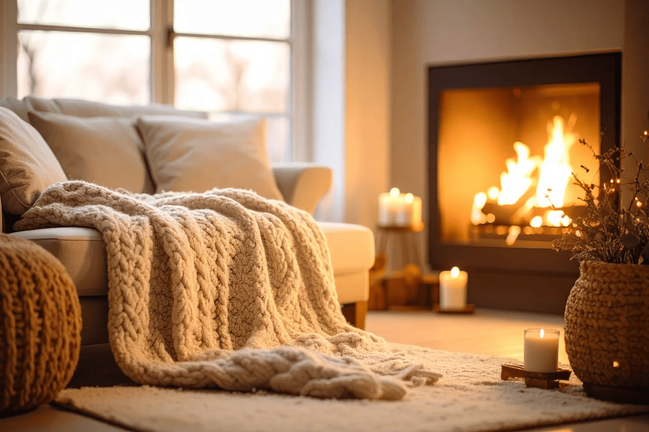 Gemütlich mit Kuscheldecke und Kamin den Winter verbringen